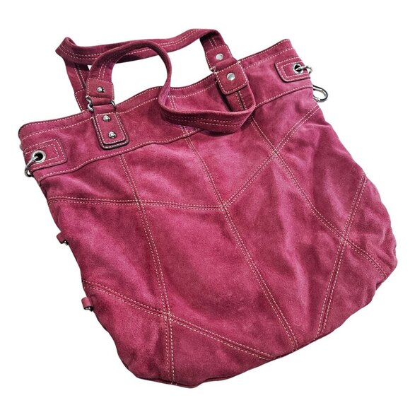 Red Suede Hype Large Tote Bag With Black Patterned Interior & Silver‎ Hardware - Picture 1 of 10